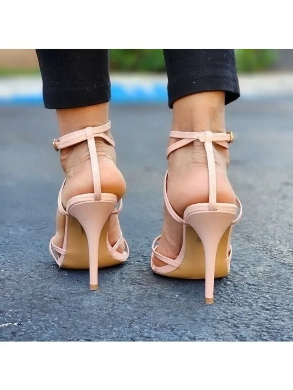 Nude Strappy Open Pointed Toe High Heels for Women Ankle Strap Adjustable Buckle